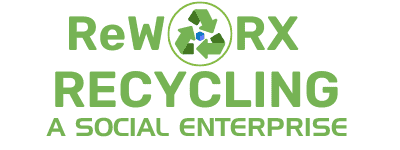 Logo featuring the text "ReWORX RECYCLING A SOCIAL ENTERPRISE" in green and blue hues. A recycling symbol with rotating arrows, representing electronics waste disposal, is cleverly incorporated into the letter "O".