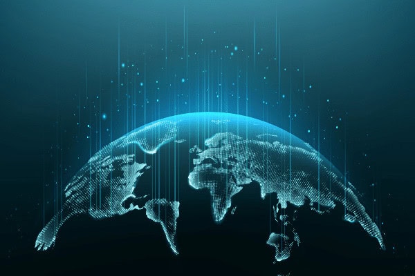Digital illustration of Earth viewed from space, featuring a glowing grid-like pattern on the surface. Lines of light rise into the cosmos, evoking a futuristic aura and hinting at the importance of recycling laptops against a dark blue background.