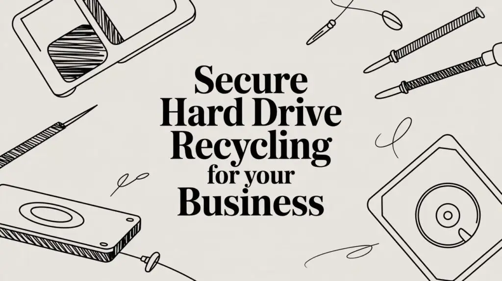 Text in the center reads "Secure Hard Drive Recycling for your Business" with illustrated hard drives, screws, and screwdrivers surrounding the text on a light background.