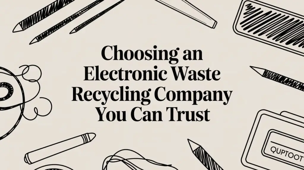 Illustrated background with electronics and stationery items, featuring the text "Choosing an Electronic Waste Recycling Company You Can Trust" in bold black letters.