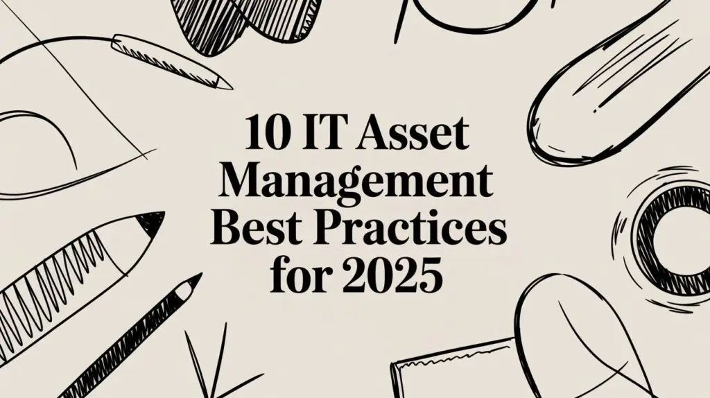 Text in the center reads "10 IT Asset Management Best Practices for 2025" surrounded by black hand-drawn sketches of office supplies like paper clips, pens, and paper on a beige background.