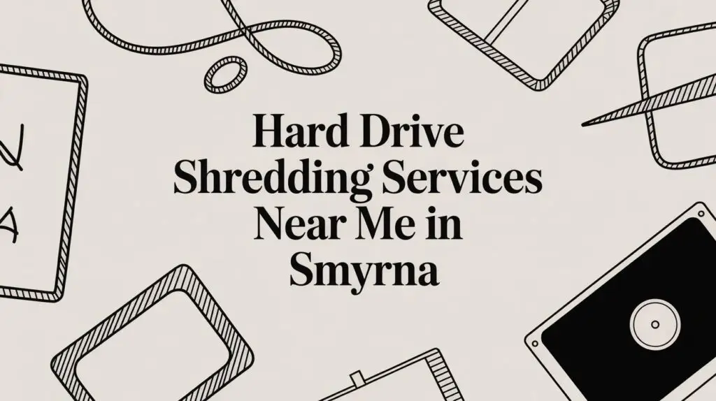 Text in the center reads, "Hard Drive Shredding Services Near Me in Smyrna," surrounded by black-and-white illustrations of hard drives, cables, and computer components on a light background.