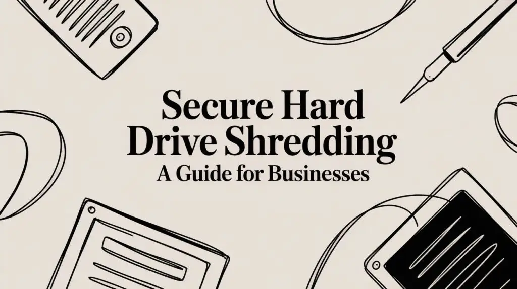 Text "Secure Hard Drive Shredding: A Guide for Businesses" is centered on a beige background with black, minimalist illustrations of a hard drive, a pen, and electronic devices framing the text.