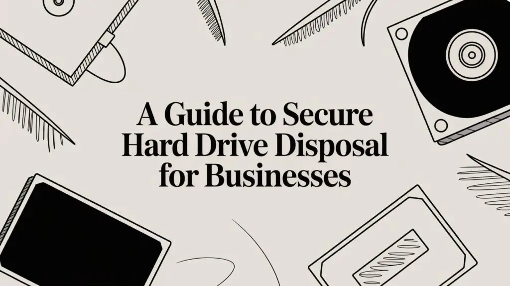 Illustration of hard drives, cables, and electronic devices surrounding the text "A Guide to Secure Hard Drive Disposal for Businesses" on a light background.