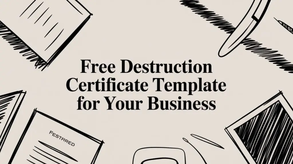 Illustration of various office items around bold text that reads "Free Destruction Certificate Template for Your Business" on a beige background.