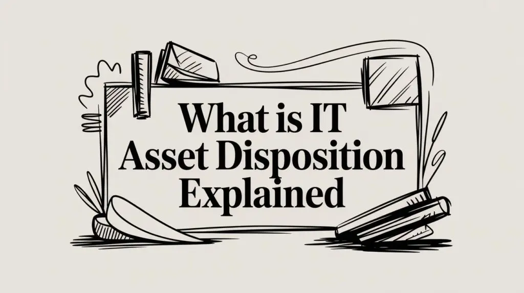 A black and white illustration features the text "What is IT Asset Disposition Explained" surrounded by abstract shapes and sketch-style lines resembling books and paper.