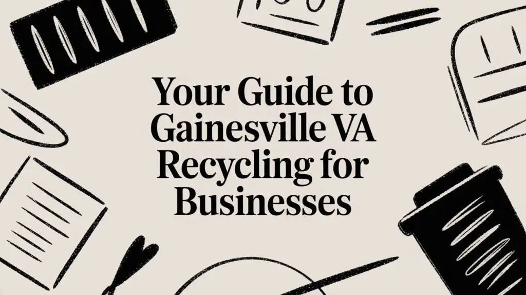 Text on a beige background reads, "Your Guide to Gainesville VA Recycling for Businesses," surrounded by black illustrations of office supplies and recycling-related items.