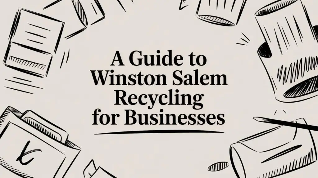 Illustrated recycling bins and paper surround the text "A Guide to Winston Salem Recycling for Businesses" on a beige background.