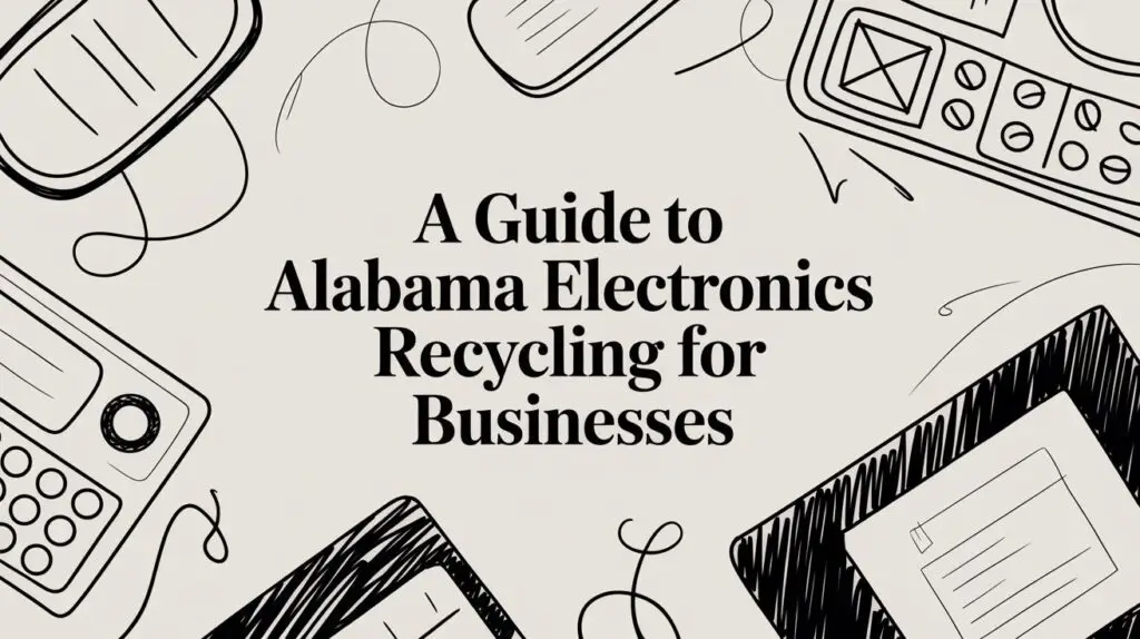 Black and white graphic with illustrations of electronics, featuring the text, "A Guide to Alabama Electronics Recycling for Businesses.