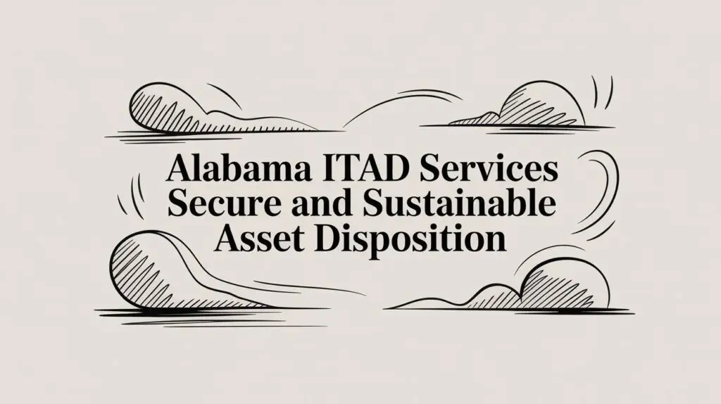 Text reading "Alabama ITAD Services Secure and Sustainable Asset Disposition" is centered on a light background, surrounded by abstract black line art resembling clouds or waves.