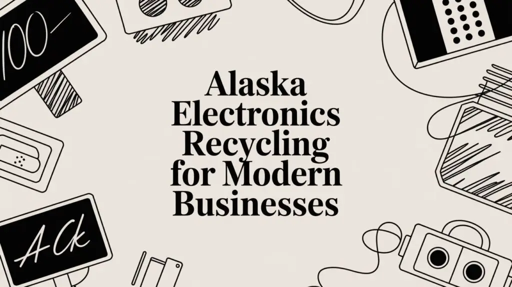 Text in the center reads “Alaska Electronics Recycling for Modern Businesses.” The background features black line drawings of various electronics, including a keyboard, headphones, and cassette tape.