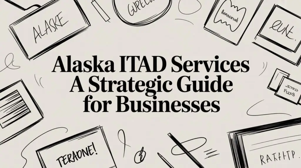 Sketch-style illustration with scattered office items and notepads, featuring bold text in the center that reads: "Alaska ITAD Services A Strategic Guide for Businesses.