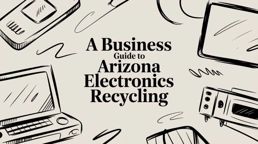 Illustrated electronics surround the text "A Business Guide to Arizona Electronics Recycling" on a beige background. Devices include a laptop, tablet, smartphone, and other electronic items.