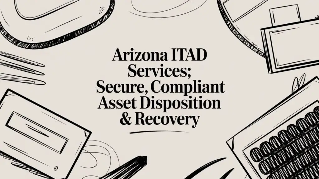 Text reads: "Arizona ITAD Services; Secure, Compliant Asset Disposition & Recovery" on a beige background with black, sketch-style illustrations of laptops, calculators, and office supplies around the edges.