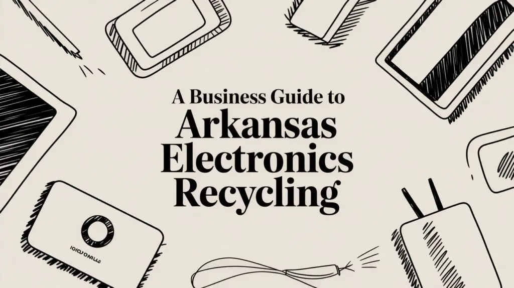 Illustrated electronic devices frame the text: "A Business Guide to Arkansas Electronics Recycling" in bold black lettering on a light background.