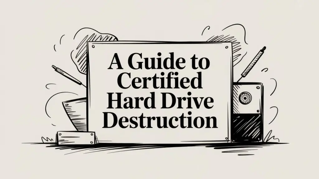 A black and white illustration shows a sign reading "A Guide to Certified Hard Drive Destruction," surrounded by broken hard drives and scattered tools.