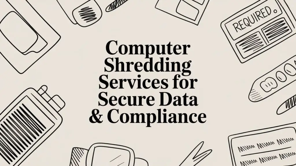 Illustrated background with office supplies surrounds the bold text: “Computer Shredding Services for Secure Data & Compliance.” The image emphasizes the importance of secure data destruction.