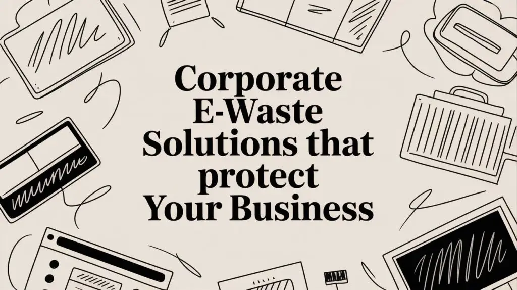 Illustrated laptops, tablets, and cords surround bold text reading, "Corporate E-Waste Solutions that protect Your Business," emphasizing technology recycling services for businesses.