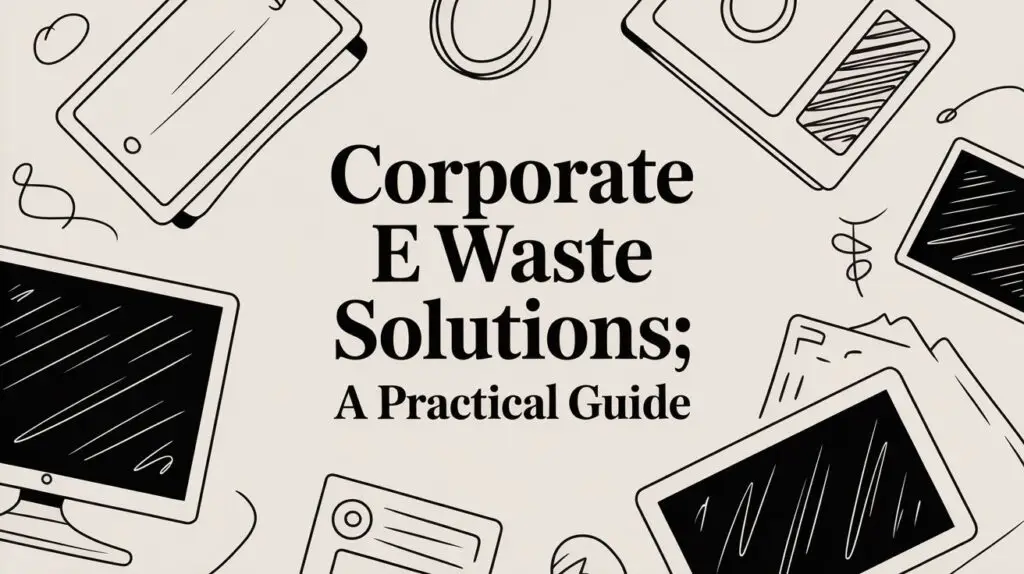 Text reads “Corporate E Waste Solutions; A Practical Guide” surrounded by black and white illustrations of electronic devices like laptops, tablets, monitors, and cables.