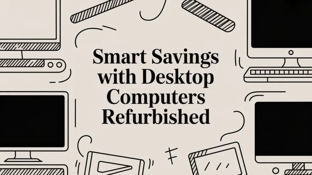 Decorative illustration of desktop computers and monitors surrounds the text "Smart Savings with Desktop Computers Refurbished" on a beige background.