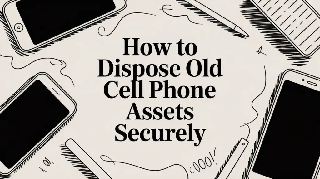 Illustration of old cell phones and accessories surrounding the text "How to Dispose Old Cell Phone Assets Securely" on a light background.
