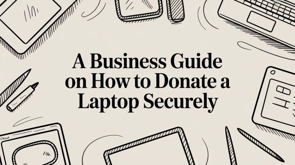 Text reading “A Business Guide on How to Donate a Laptop Securely” is surrounded by simple illustrated outlines of laptops, tablets, and pens on a light background.