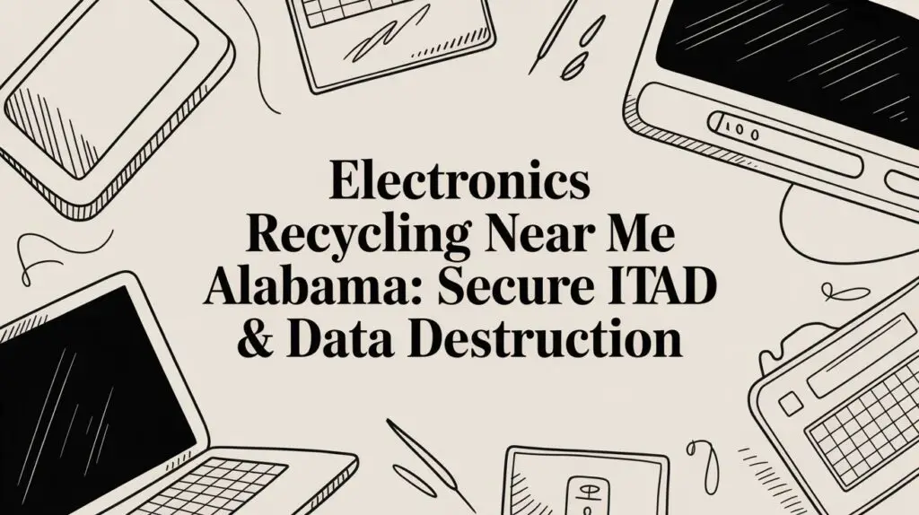 Illustrated laptops, tablets, and smartphones surround the text "Electronics Recycling Near Me Alabama: Secure ITAD & Data Destruction" on a beige background.