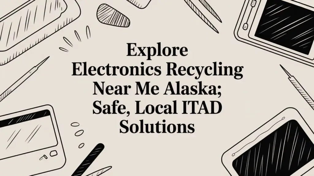 Text graphic with illustrated electronics and office supplies framing the words: "Explore Electronics Recycling Near Me Alaska; Safe, Local ITAD Solutions" on a light background.