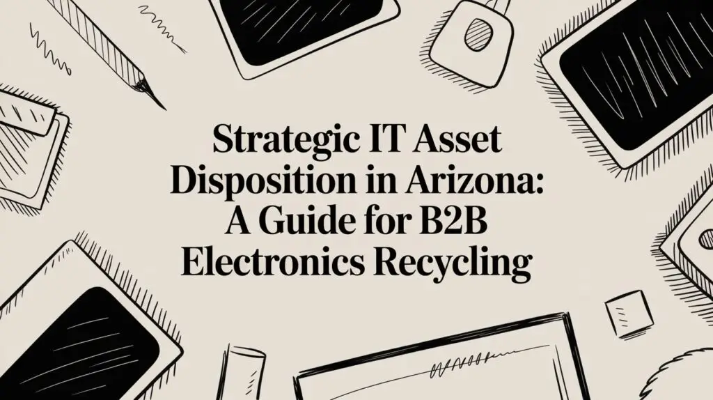 Beige background with illustrated electronics and office items framing black text: "Strategic IT Asset Disposition in Arizona: A Guide for B2B Electronics Recycling.