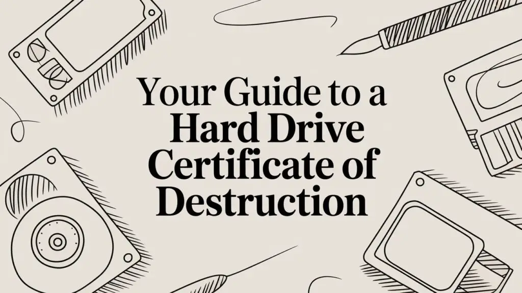Text reads: "Your Guide to a Hard Drive Certificate of Destruction." The background features sketched images of hard drives and screwdrivers around the text.