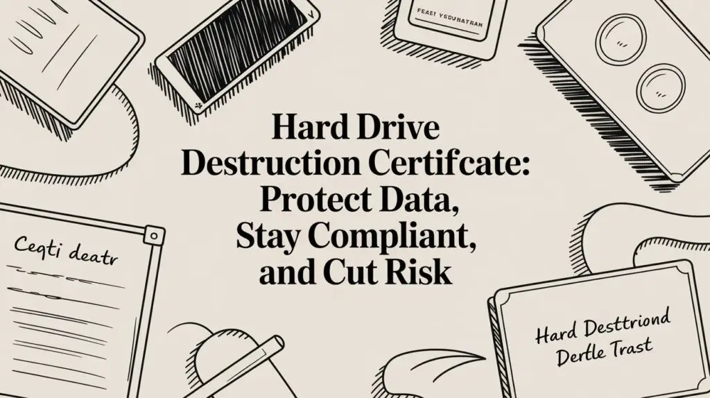 Illustrated office items surround the text "Hard Drive Destruction Certificate: Protect Data, Stay Compliant, and Cut Risk" with a notepad, pen, ID card, mobile device, and hard drive depicted.