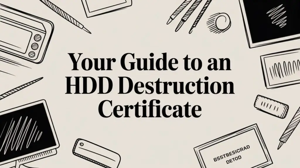 Illustrated office supplies surround the bold text: “Your Guide to an HDD Destruction Certificate.” Items include pens, a ruler, a USB drive, a notepad, and a labeled folder.