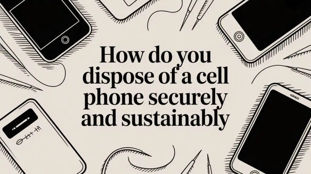 Illustration shows old cell phones surrounding the text: "How do you dispose of a cell phone securely and sustainably" on a beige background.
