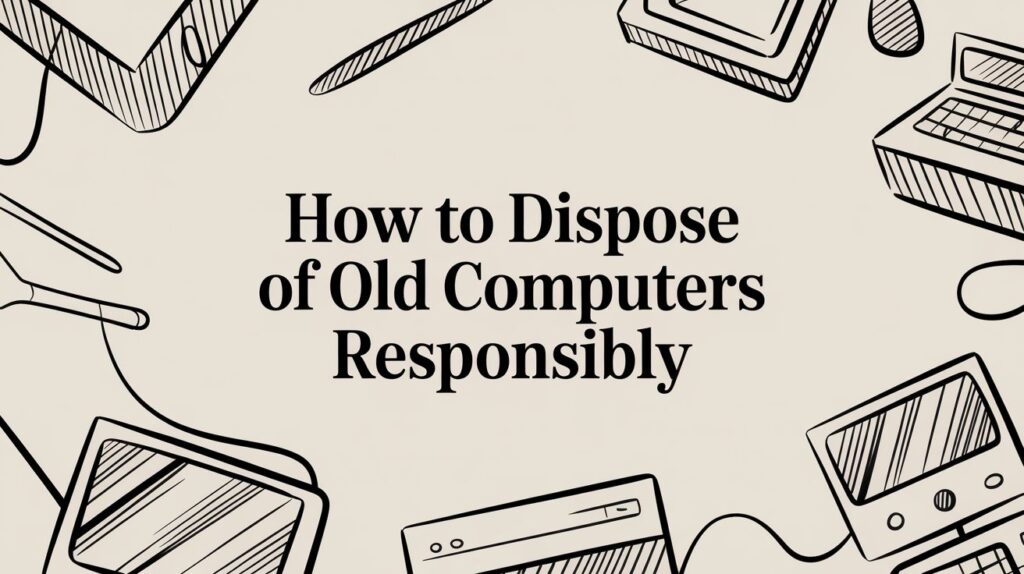 Centered text reads “How to Dispose of Old Computers Responsibly,” surrounded by black-and-white line drawings of old computers, laptops, keyboards, and computer parts on a beige background.