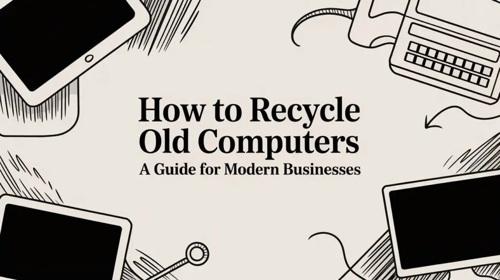 Illustration of electronic devices surrounding the title "How to Recycle Old Computers: A Guide for Modern Businesses" on a beige background.