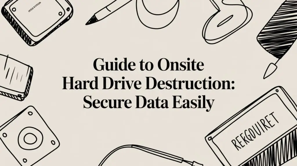 A graphic with illustrations of hard drives, cables, and pens surrounding the text: "Guide to Onsite Hard Drive Destruction: Secure Data Easily" on a beige background.