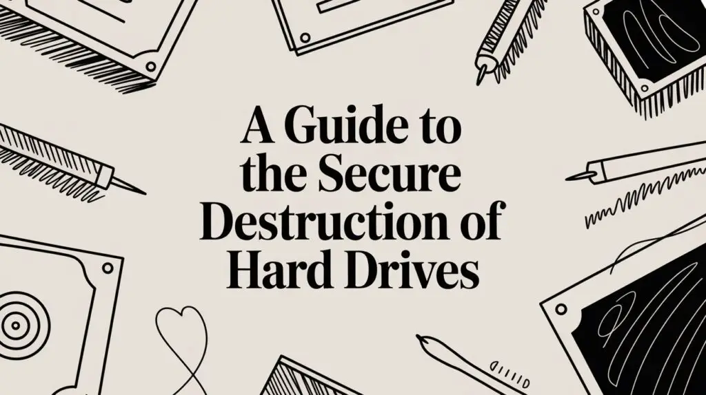 Illustration featuring hard drives, screwdrivers, and pens surrounding the centered text: "A Guide to the Secure Destruction of Hard Drives.