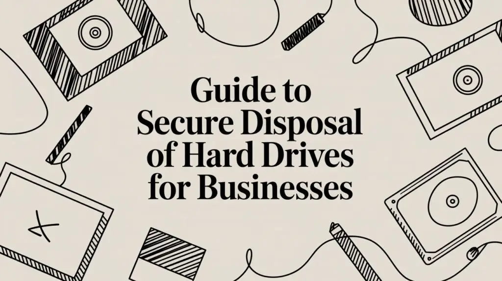 Text reads “Guide to Secure Disposal of Hard Drives for Businesses.” Background shows black line drawings of hard drives, cables, and memory cards on a beige surface.