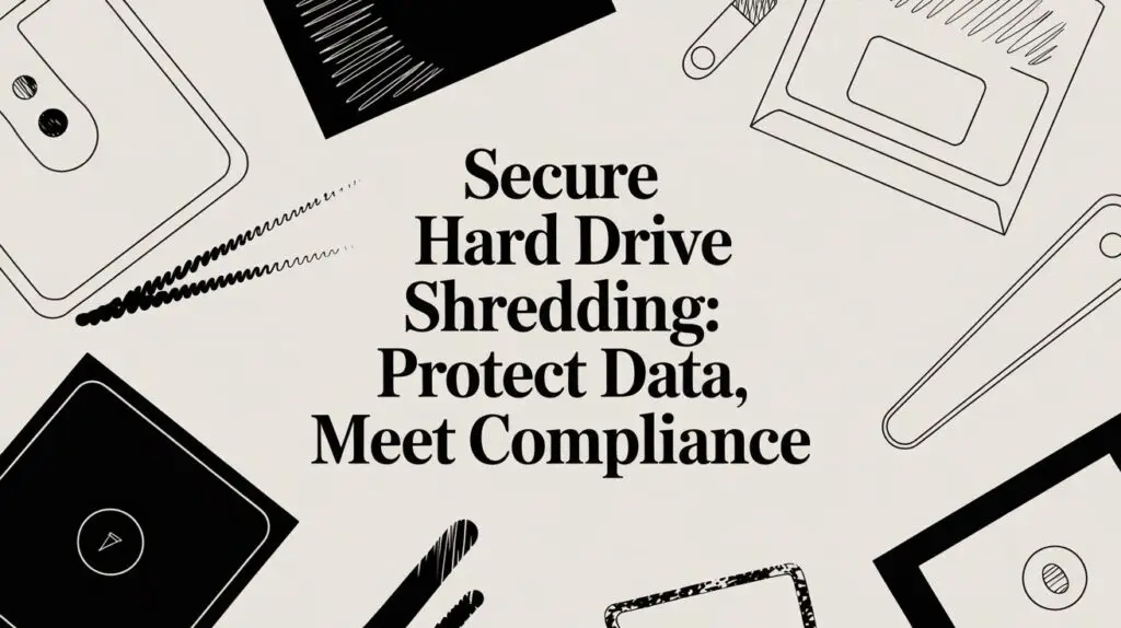 Text "Secure Hard Drive Shredding: Protect Data, Meet Compliance" is centered, surrounded by outlined illustrations of hard drives, floppy disks, and shredders on a light background.