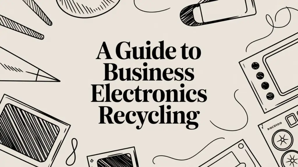 Text reads 'A Guide to Business Electronics Recycling' surrounded by black line drawings of various electronics and office items on a beige background.