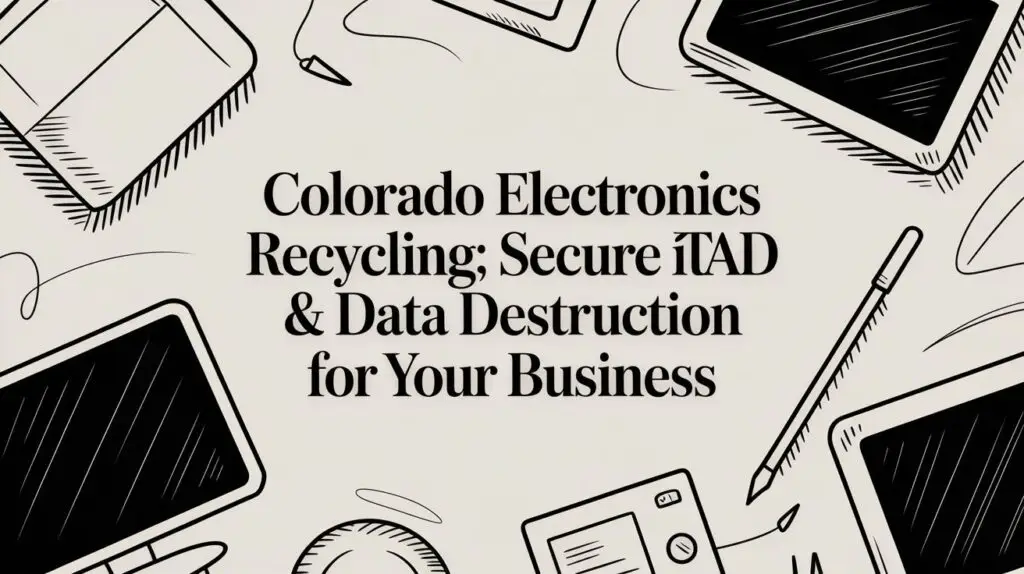 Text reads: "Colorado Electronics Recycling; Secure ITAD & Data Destruction for Your Business." Background features illustrations of electronic devices like laptops, tablets, and phones, along with pens and cables.