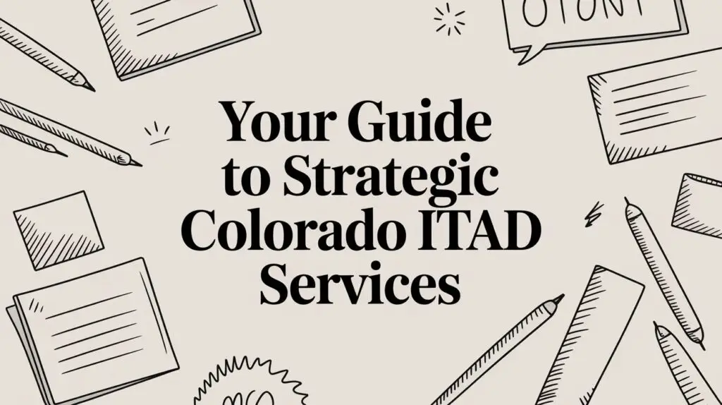 Text in the center reads “Your Guide to Strategic Colorado ITAD Services,” surrounded by hand-drawn illustrations of pens, notepads, and paper on a light background.