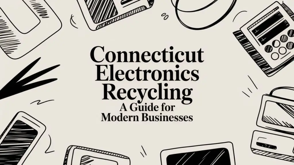 Text reads “Connecticut Electronics Recycling: A Guide for Modern Businesses,” surrounded by black-and-white line drawings of various electronic devices, such as a mouse, calculator, keyboard, and monitor.
