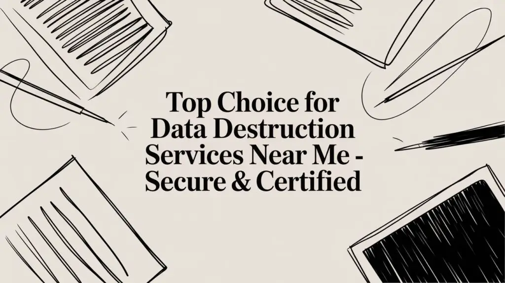 Illustration with notepads and pens surrounding bold text that reads, "Top Choice for Data Destruction Services Near Me - Secure & Certified," on a light background.