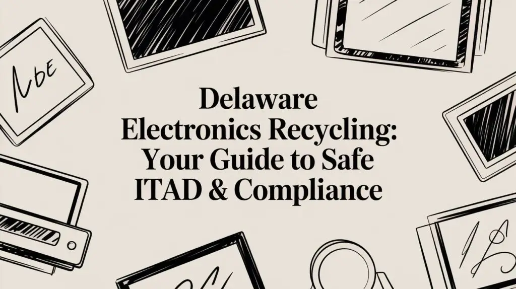 A graphic with illustrated electronics, featuring the text: "Delaware Electronics Recycling: Your Guide to Safe ITAD & Compliance" in bold black letters on a beige background.