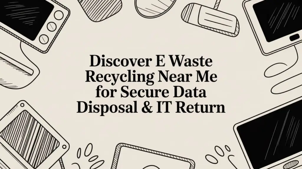 Illustrated border of electronic devices with central text reading "Discover E Waste Recycling Near Me for Secure Data Disposal & IT Return.