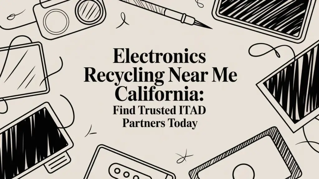 A graphic with hand-drawn electronics like a camera, laptop, tablet, and cord, featuring the text: “Electronics Recycling Near Me California: Find Trusted ITAD Partners Today.”.
