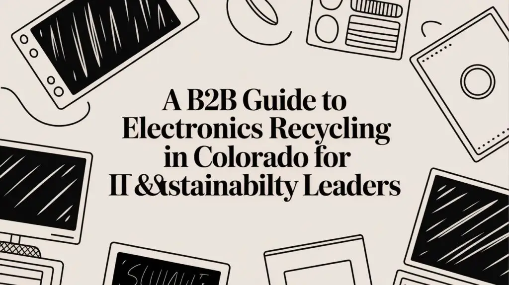 Illustrated electronics like laptops, tablets, and smartphones surround the text "A B2B Guide to Electronics Recycling in Colorado for IT & Sustainability Leaders" on a beige background.