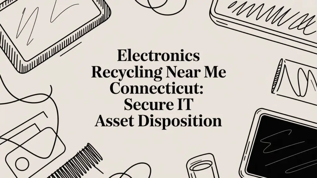 Illustrated background with drawings of electronics and text that reads, "Electronics Recycling Near Me Connecticut: Secure IT Asset Disposition.