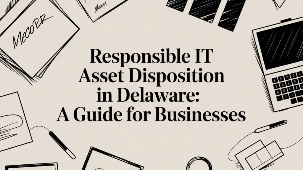 Illustration with office items and the text "Responsible IT Asset Disposition in Delaware: A Guide for Businesses" in the center.